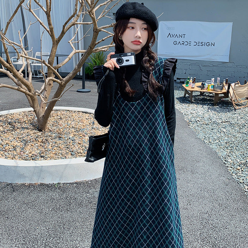 Aラインチェック柄ジャンパースカート(2colors)