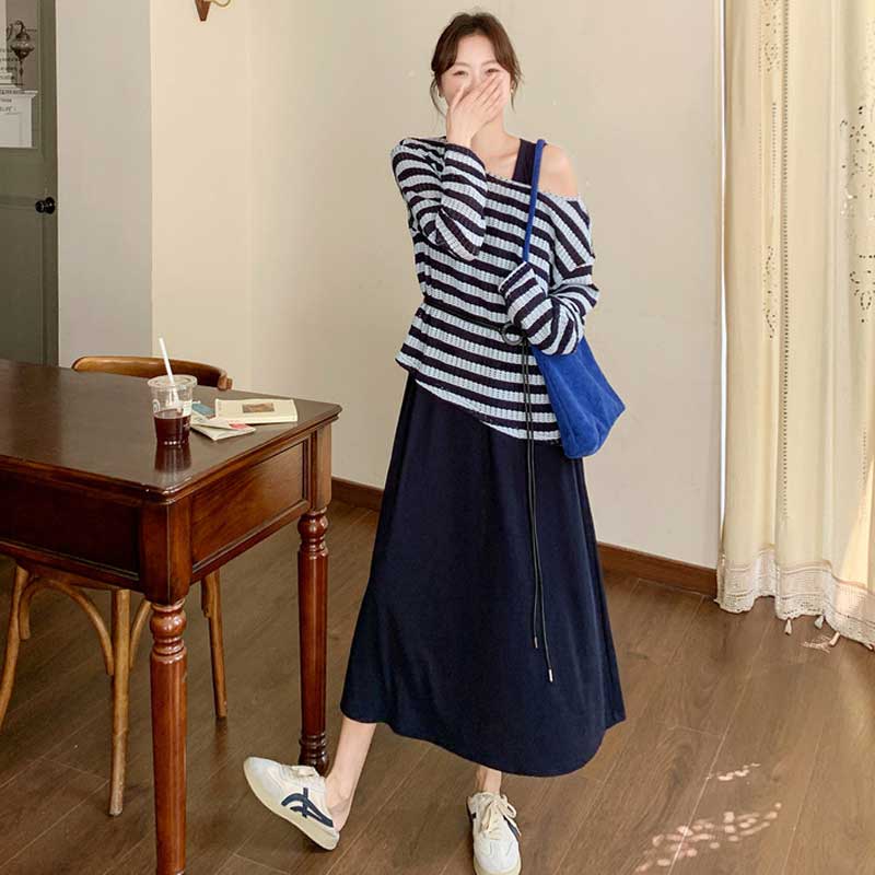 アシンメトリーボーダートップス×リラックスワンピース