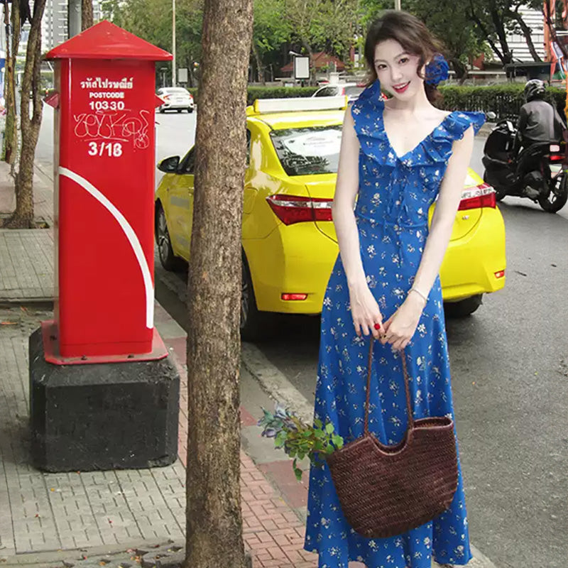 Vネックフリル花柄ロングワンピース