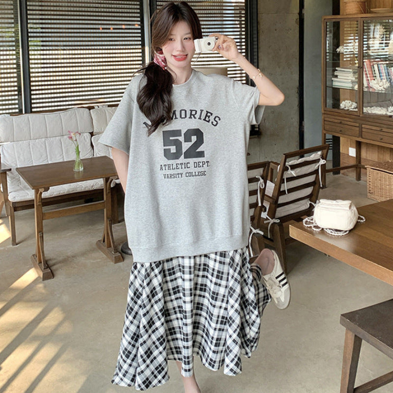 Tシャツ×チェックスカートドッキングワンピース