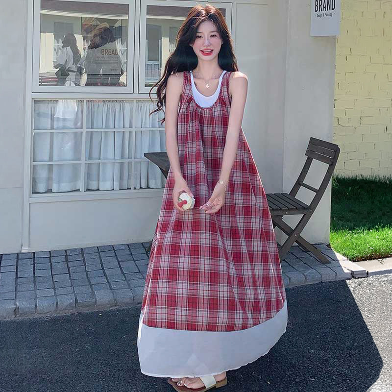 レイヤード風マキシチェックワンピース