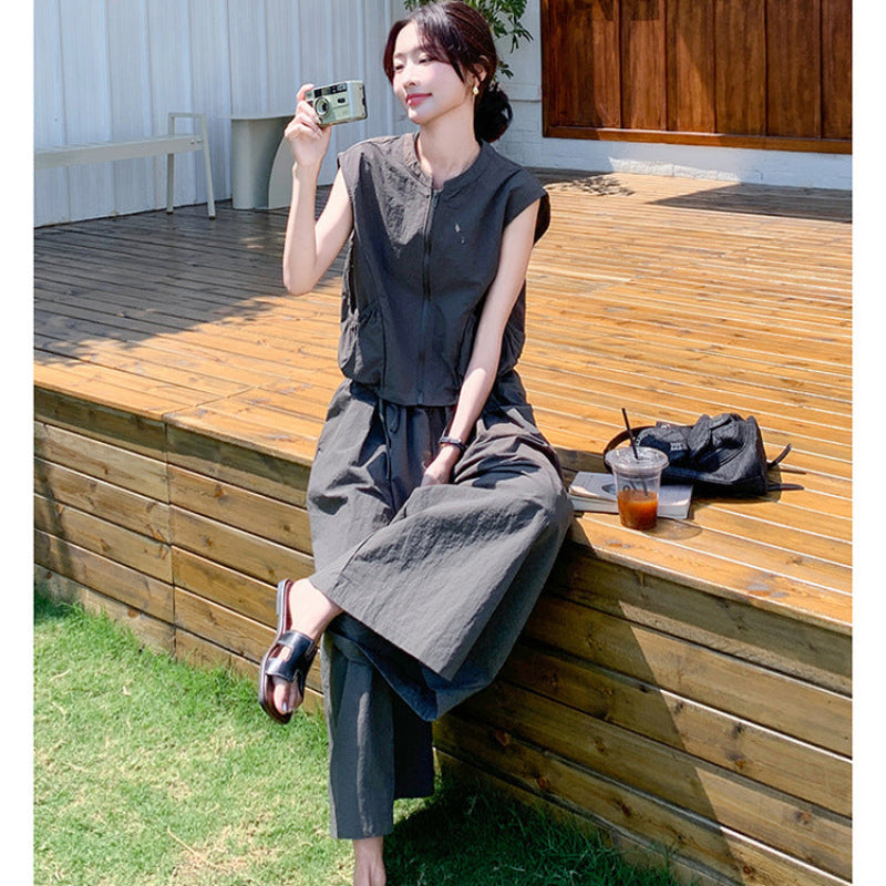 ノースリーブファスナートップス×ワイドレッグパンツセット