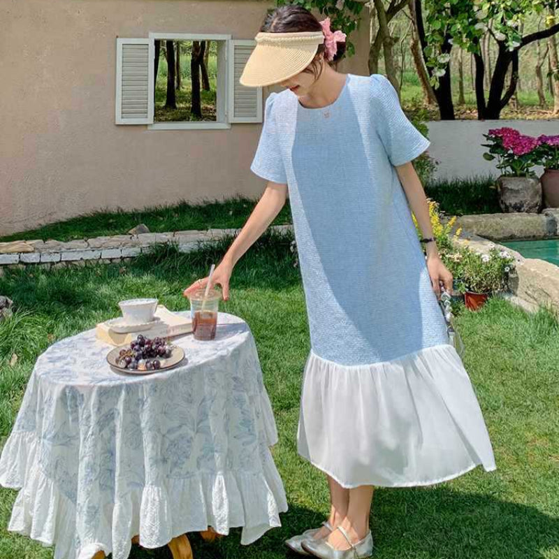 【即納】ハーフスリーブ裾レースワンピース