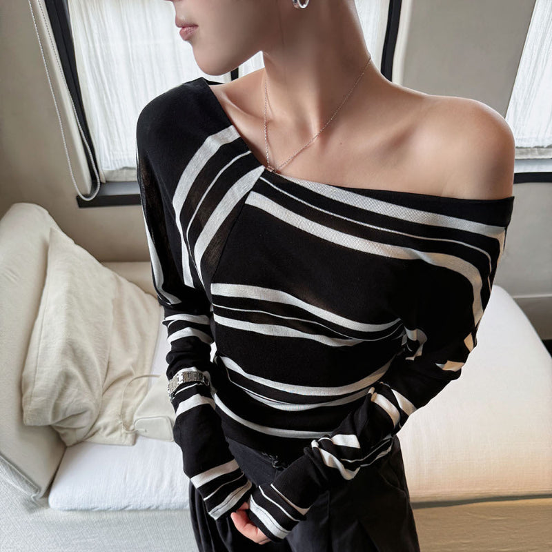 アシメストライプストライプオフショルダートップス(2colors)