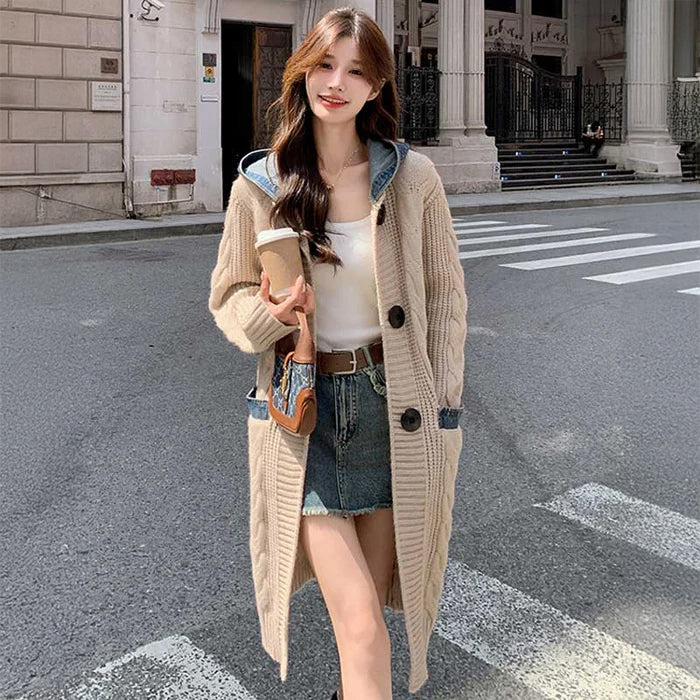フード付きケーブルロングカーディガン