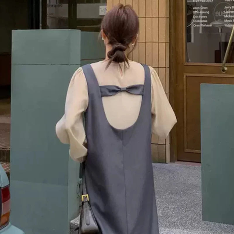 ノーカラーブラウス×バックリボンワンピースセットアップ