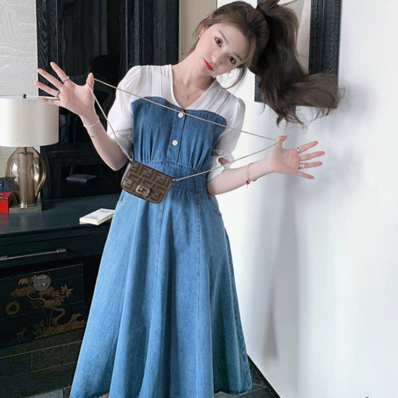 カットソードッキングデニムワンピース