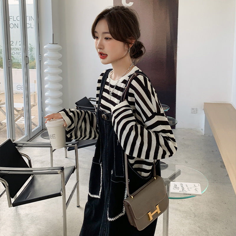 カジュアルボーダートップス×デニムサロペットワンピースセット