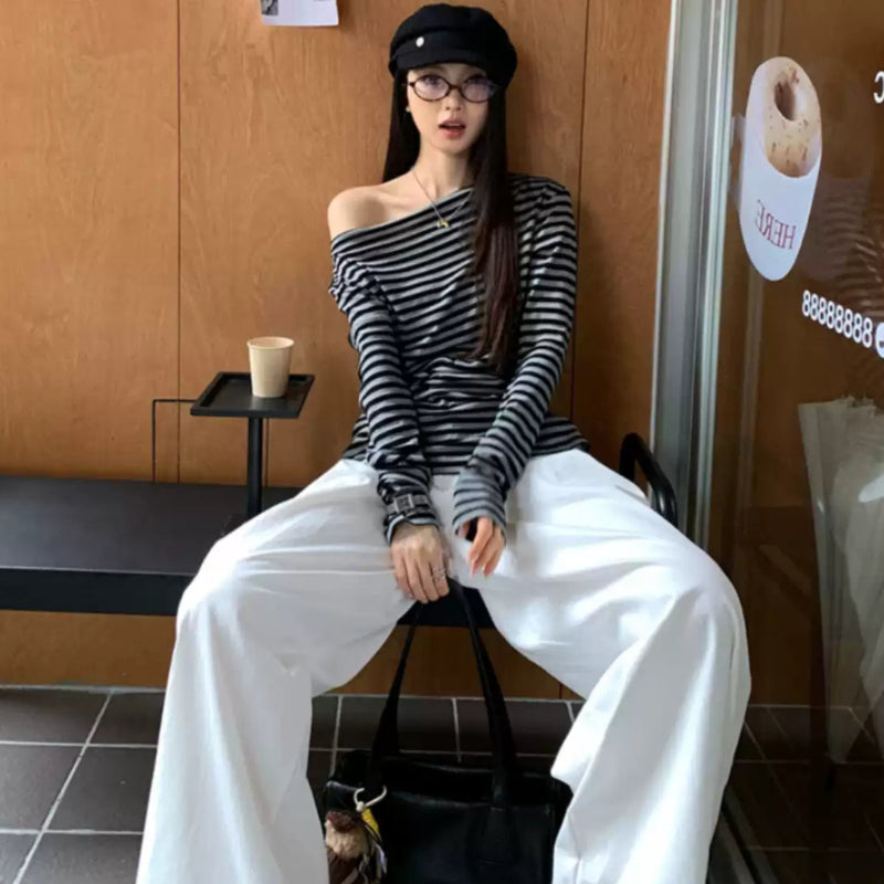 オフショルダーボーダーロングTシャツ