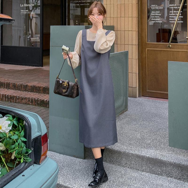 ノーカラーブラウス×バックリボンワンピースセットアップ