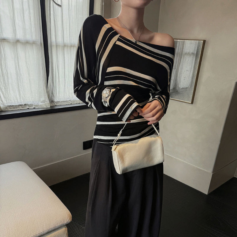 アシメストライプストライプオフショルダートップス(2colors)