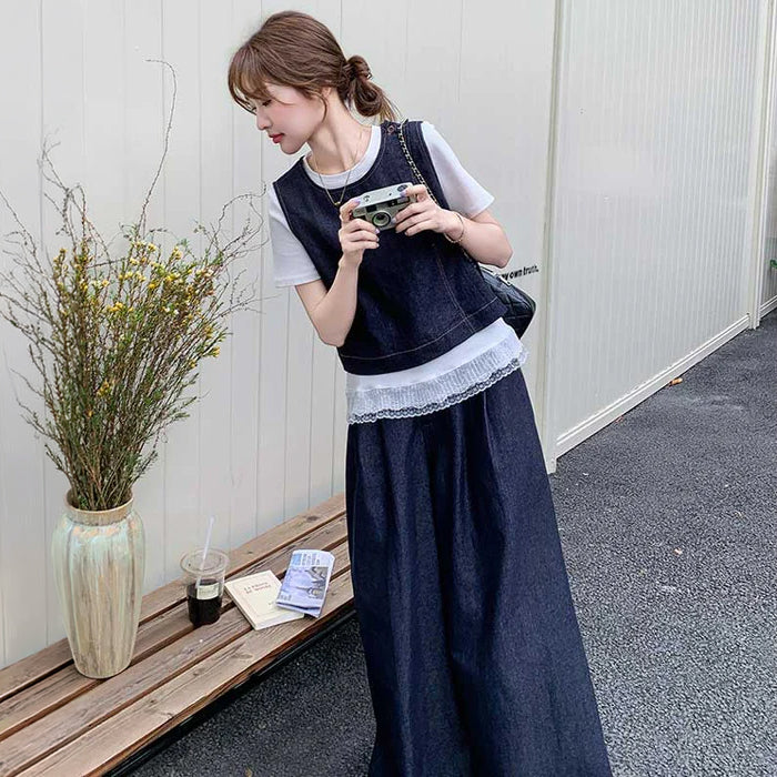 裾レースTシャツ×ワイドデニムセットアップ