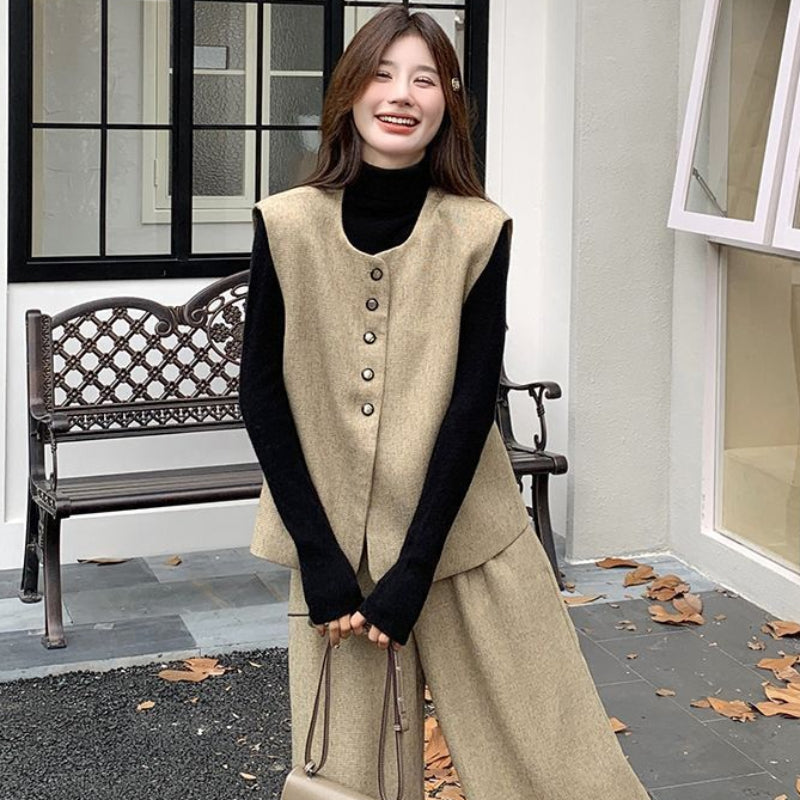 フロントボタンベスト×ワイドパンツセット