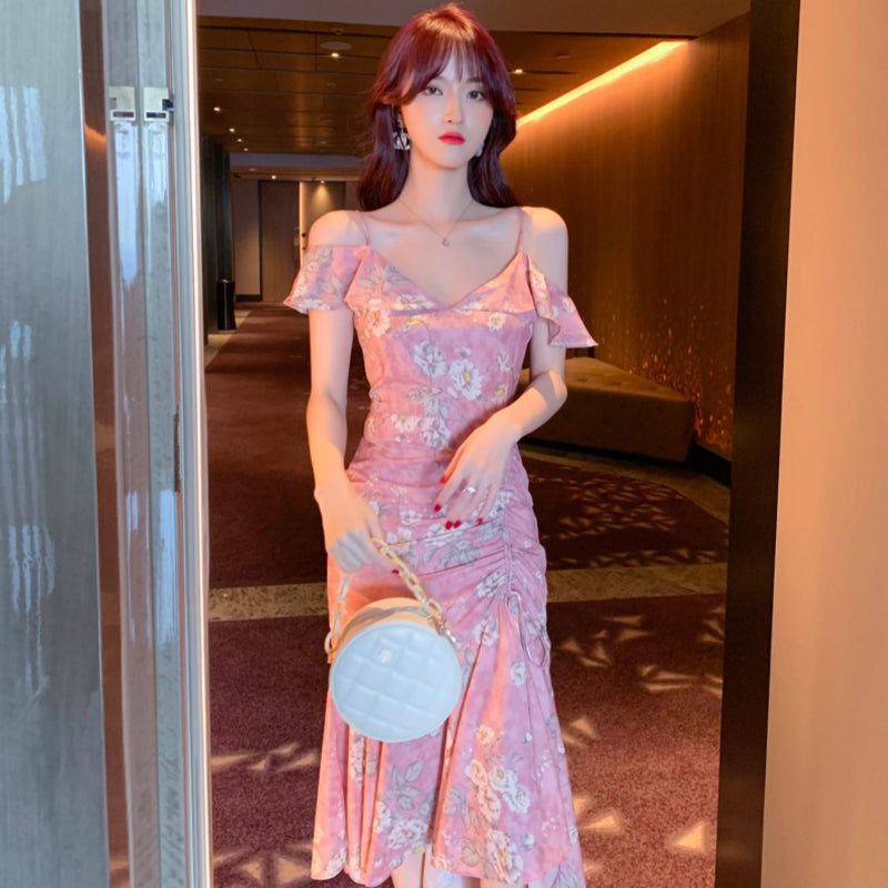 シフォンフラワープリントドレス