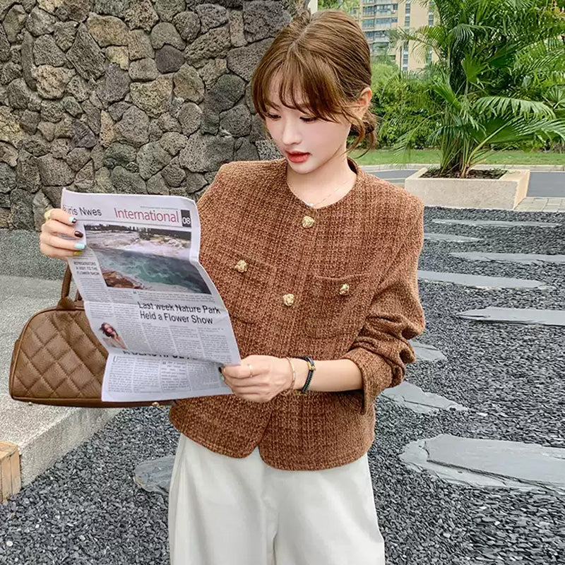 ブラウンツイード風ノーカラージャケット