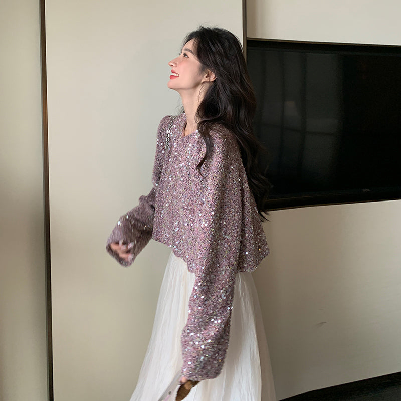 ラメ入りツイード風ショート丈トップス