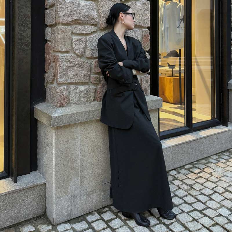 ワイドベルト付きノーカラージャケット(2colors)