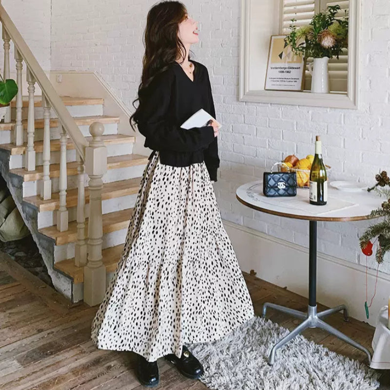 【即納】Vネックトップス×ダルメシアンスカートドッキングワンピース