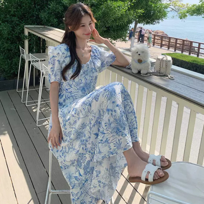 ラッフルカラーボタニカルプリントワンピ