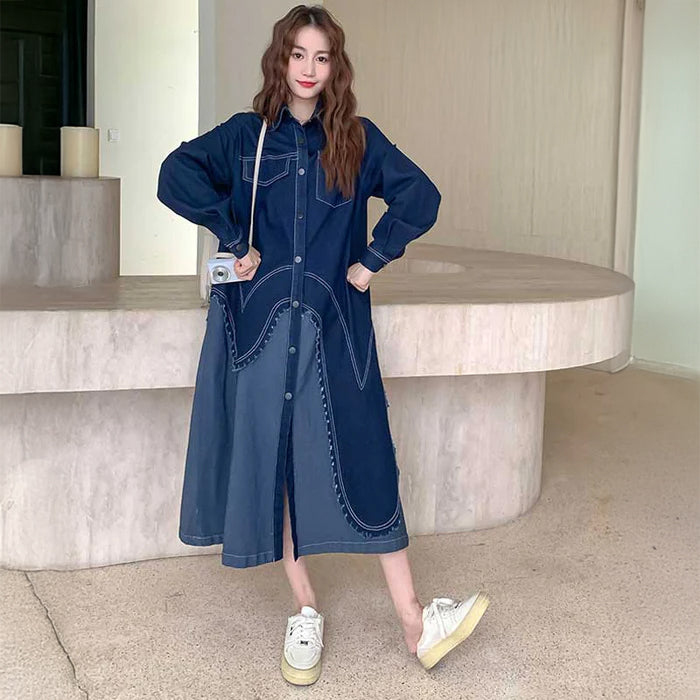 アシンメトリーデニムシャツワンピース（青）春/秋 モードな曲線美