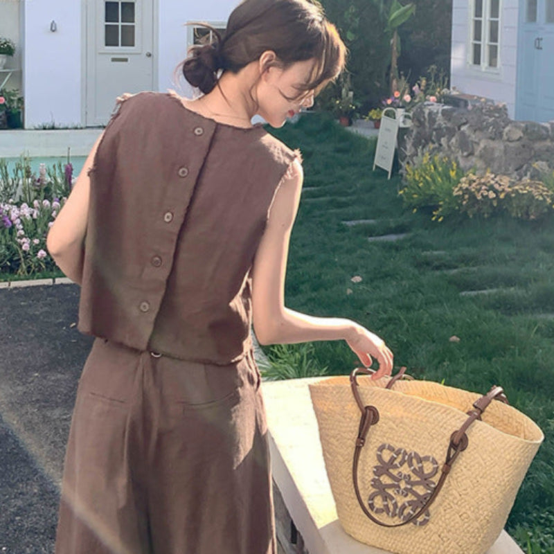 ノースリーブトップス×ワイドレッグパンツスーツ(2colors)