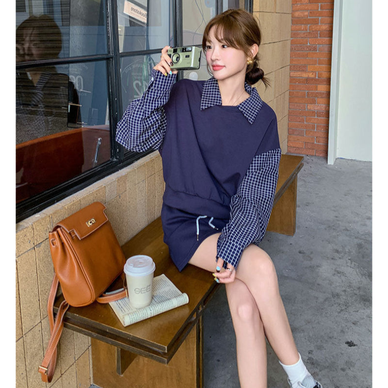 ブルーチェックレイヤードスウェットスカートセット