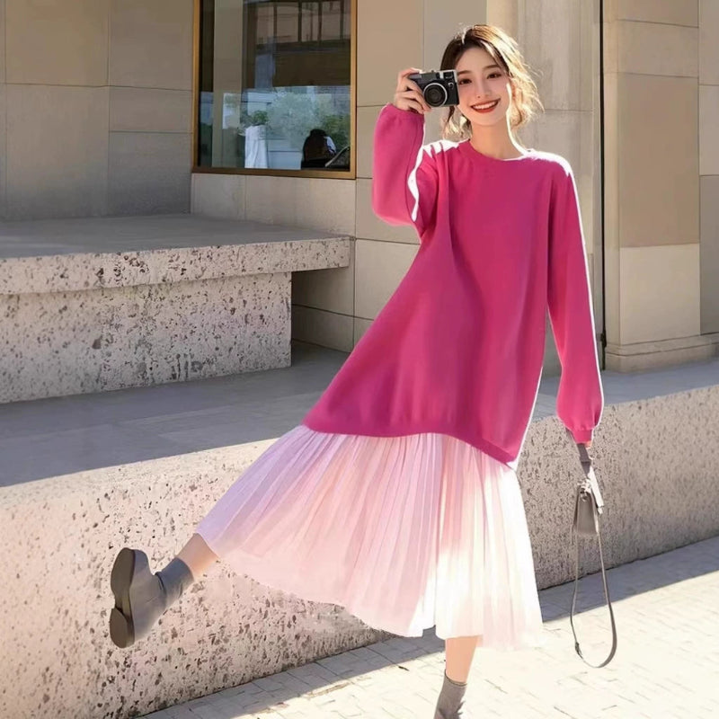 ローズスウェット切り替えプリーツワンピース