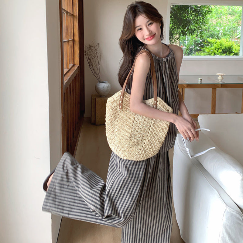 ストライプホルターネックトップス×パンツセット