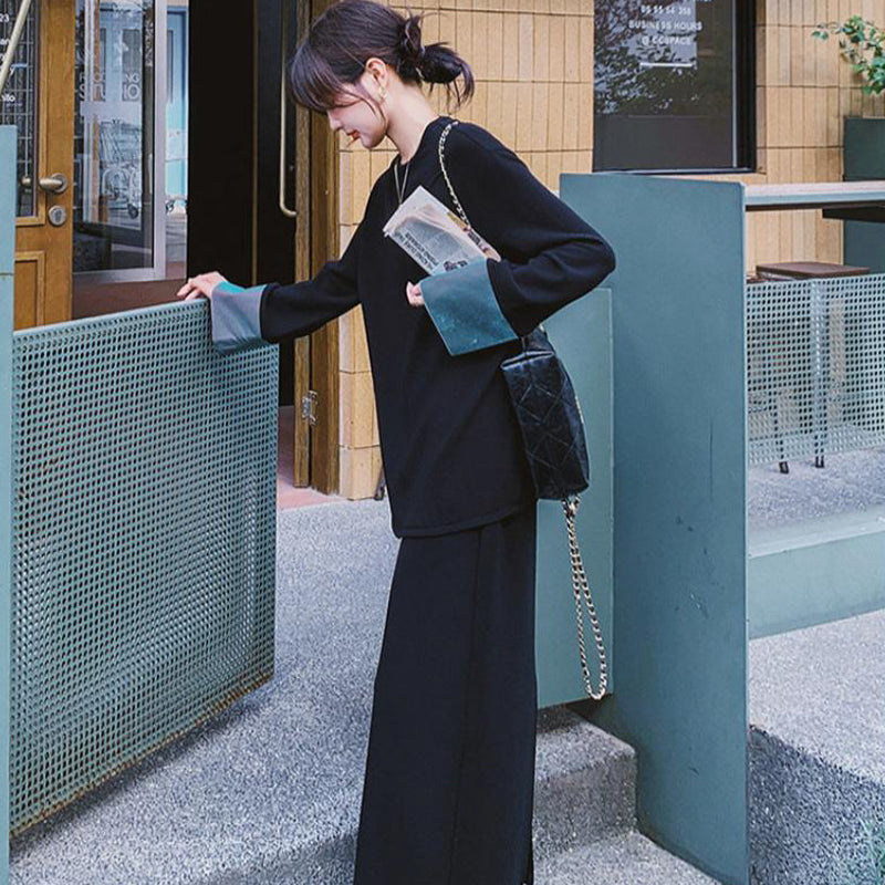 スウェットバイカラートップス×スカートセット