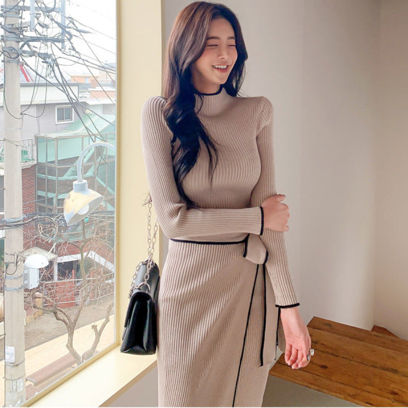 バイカラーラインミドルネックワンピース(2colors)