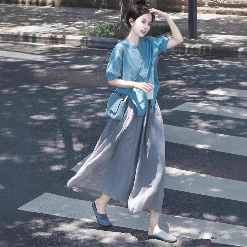 アジアン風ブラウス×フレアスカートセット