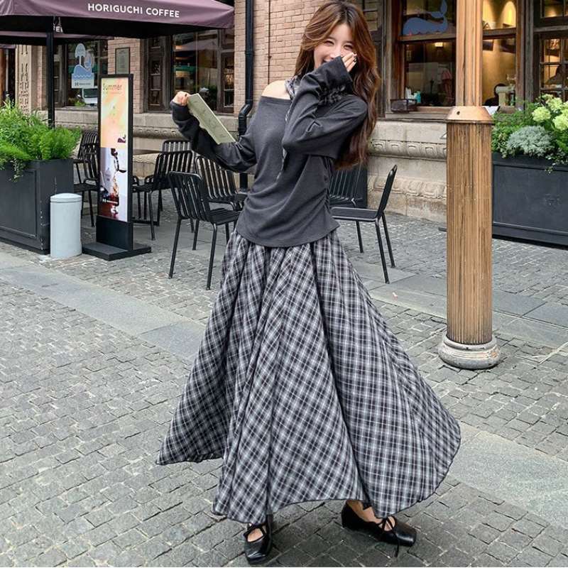 グレーアシメトップス×チェックスカートセット