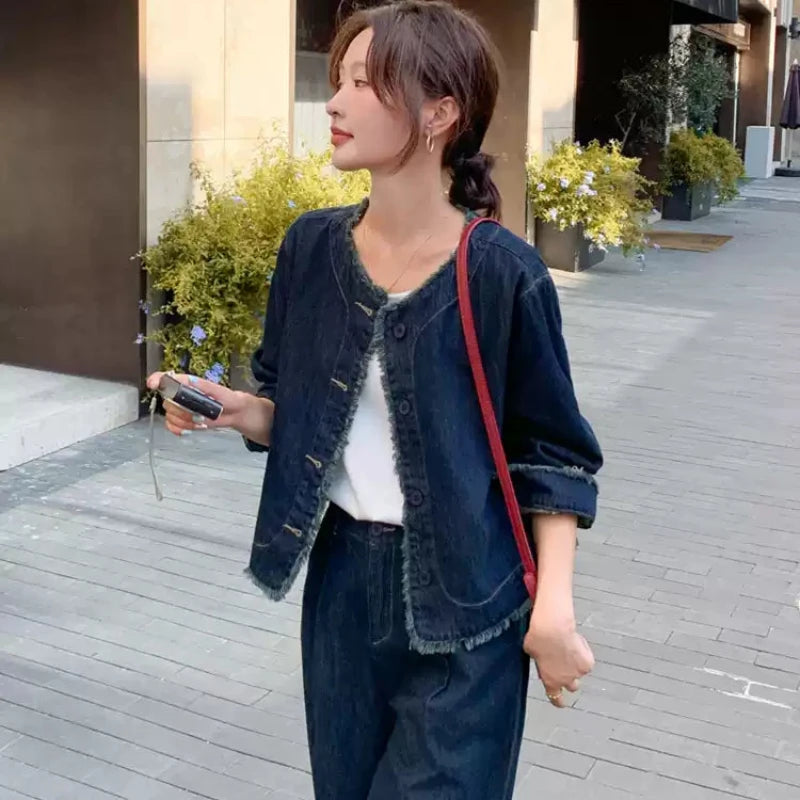 【即納】タッセルデニムジャケット×ワイドパンツセットアップ