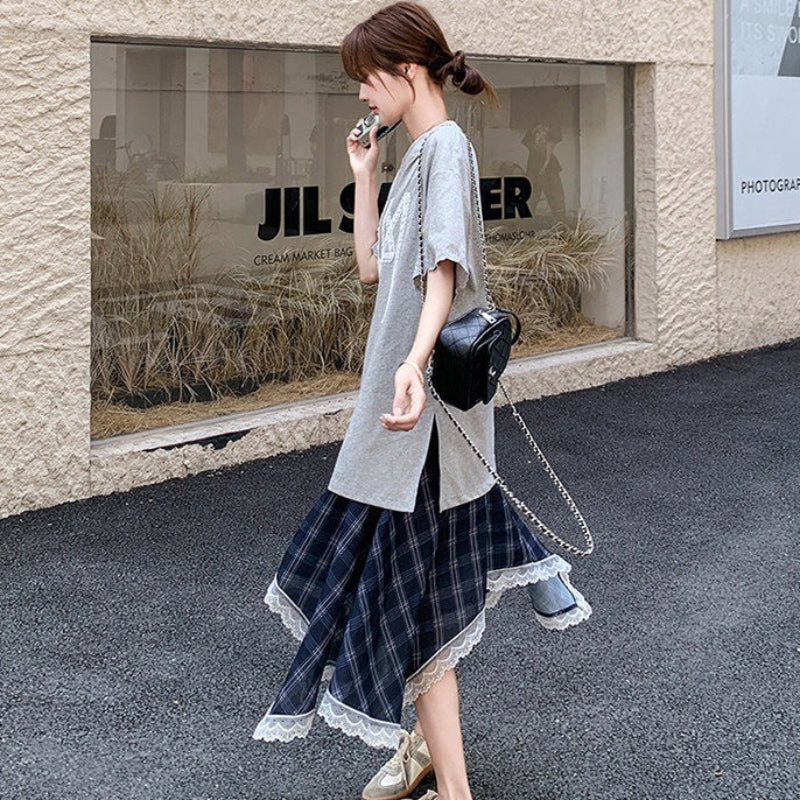 Tシャツドッキングチェックスカートワンピース