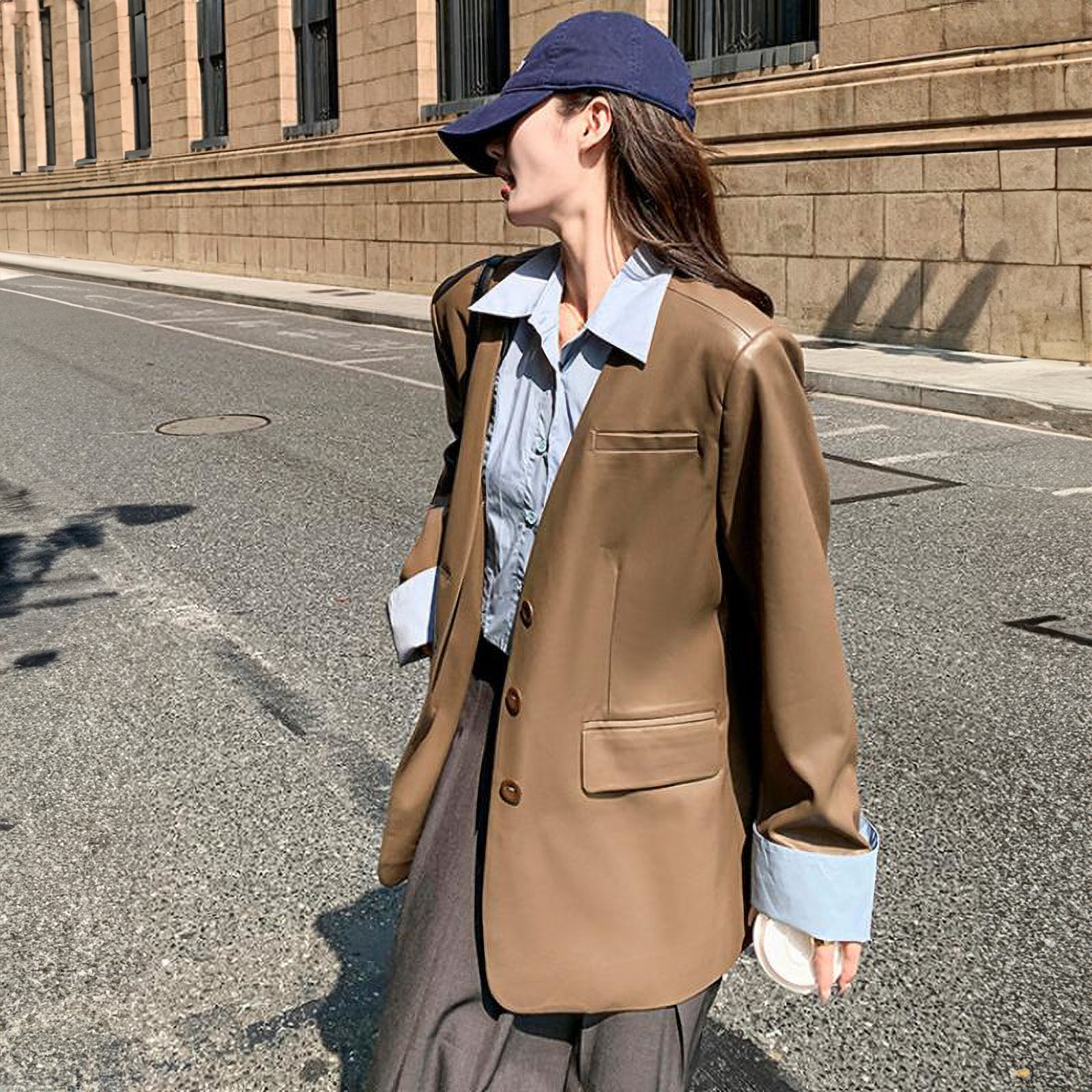 ノーカラーVラインPUレザージャケット