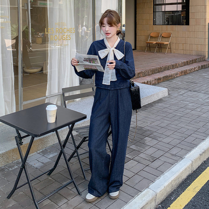 レースリボン付きデニムスーツジャケット×ワイドパンツ