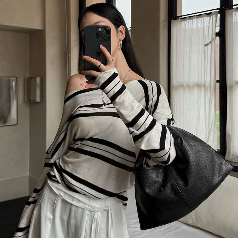 アシメストライプストライプオフショルダートップス(2colors)