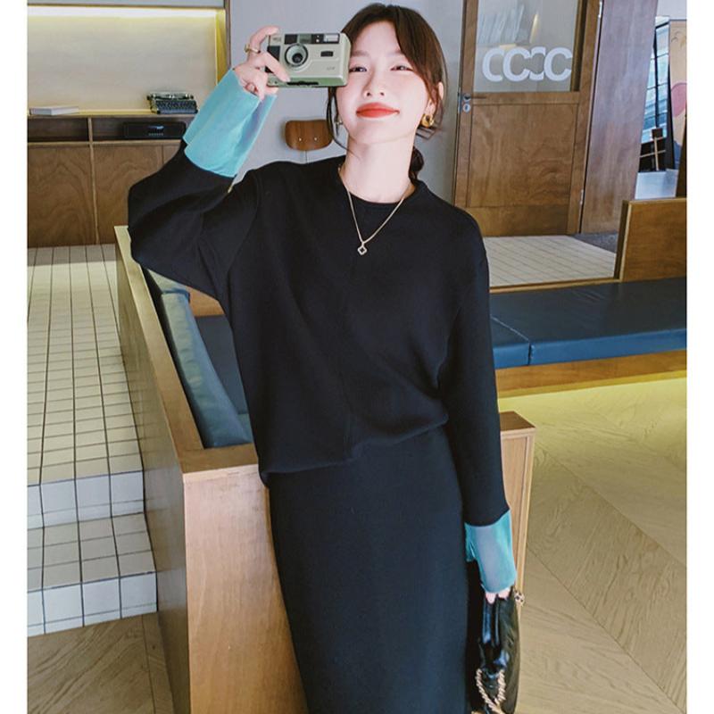 スウェットバイカラートップス×スカートセット