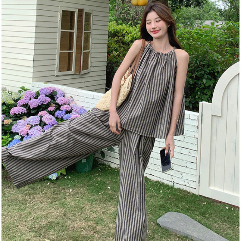 ストライプホルターネックトップス×パンツセット