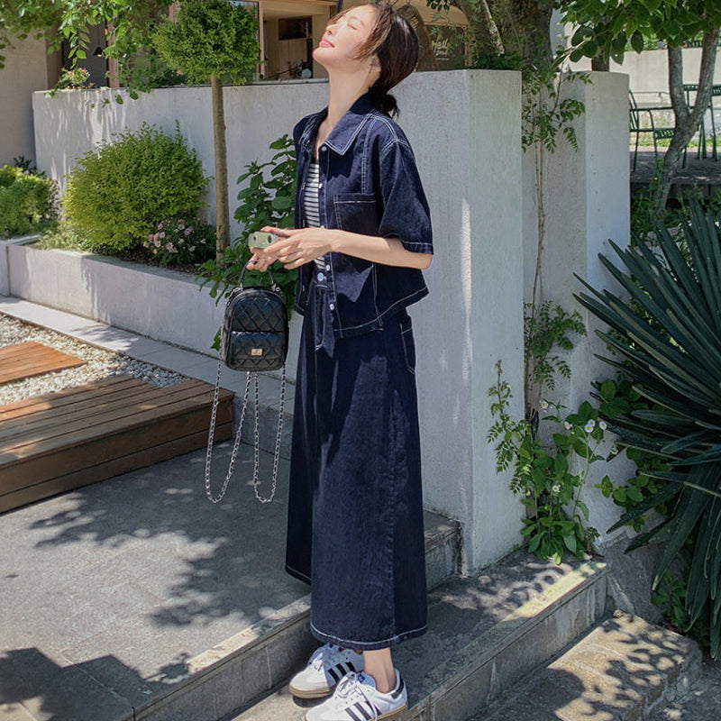 デニムシャツ×スカートセットアップ