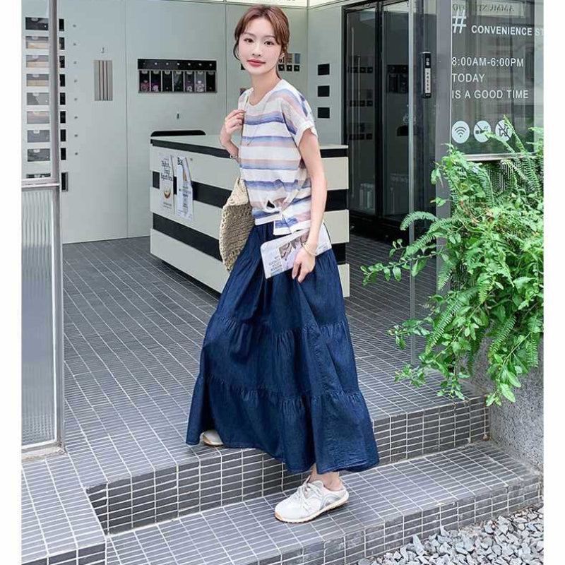 ボーダーTシャツ×デニムスカートセットアップ