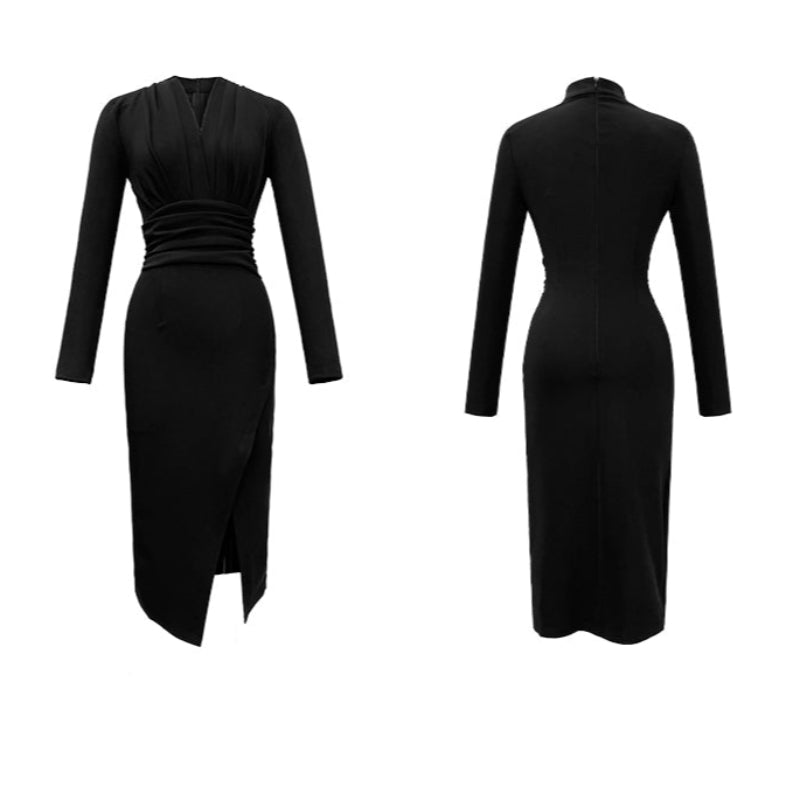 Vネックサイドスリットブラックドレス