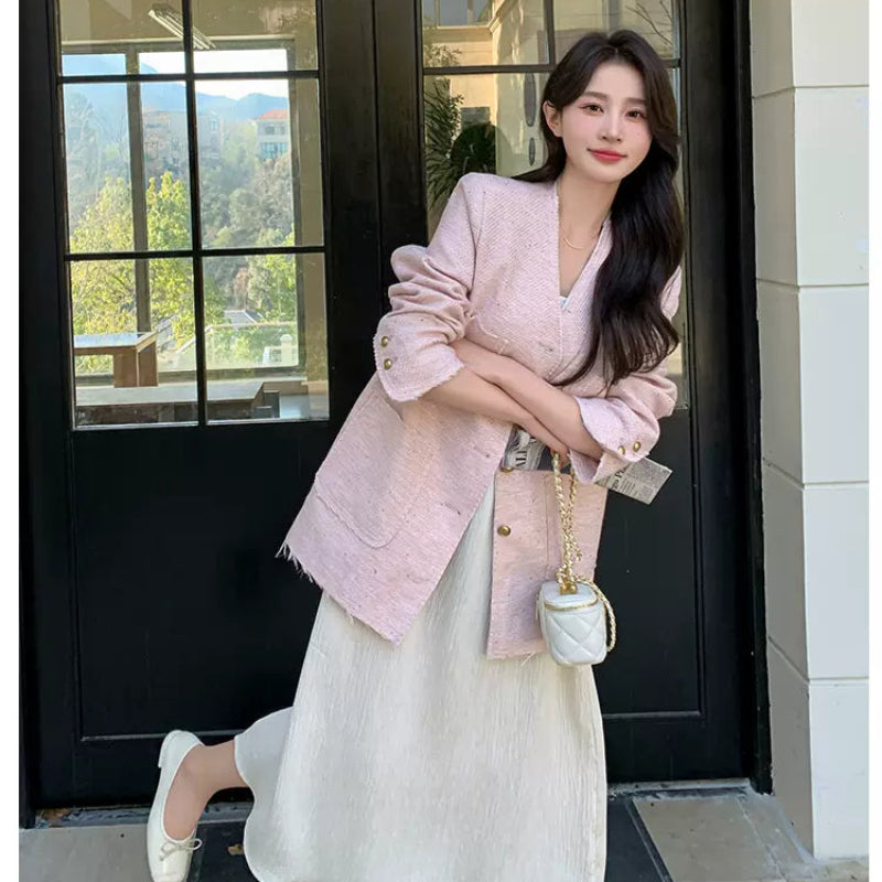 エレガントノーカラーツイードジャケット(3colors)