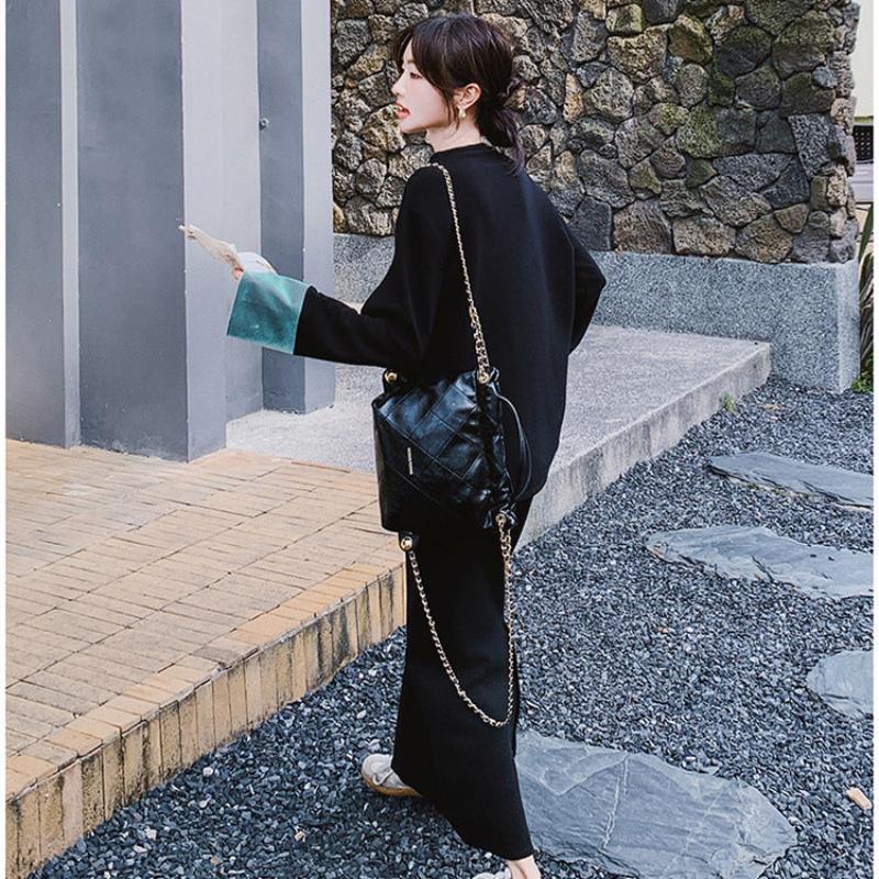 スウェットバイカラートップス×スカートセット