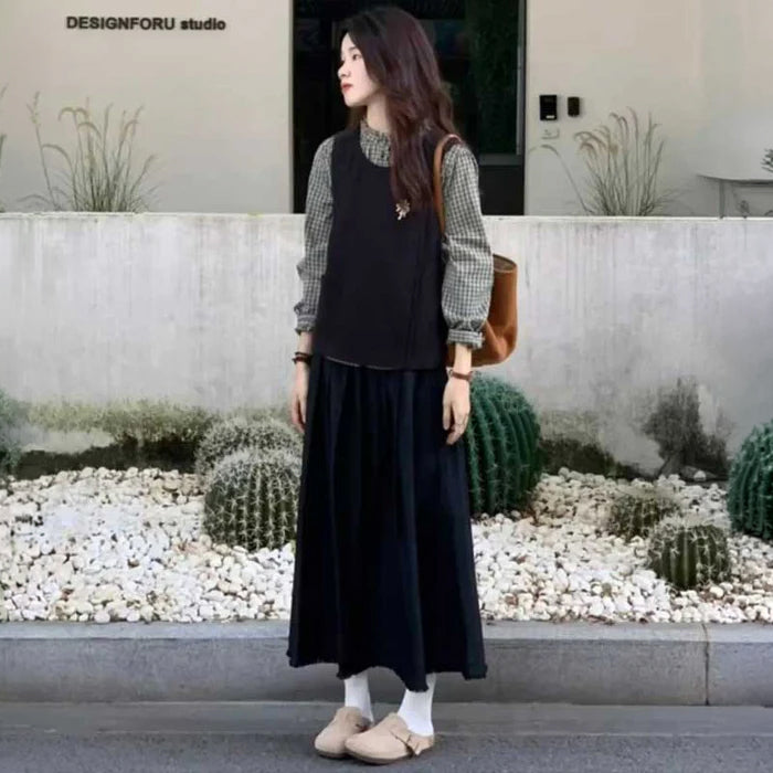 チェックシャツ×ラウンドネックベストセットアップ