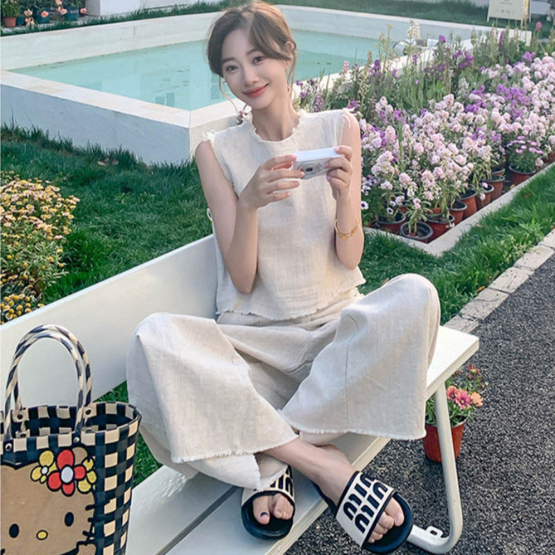 ノースリーブトップス×ワイドレッグパンツスーツ(2colors)