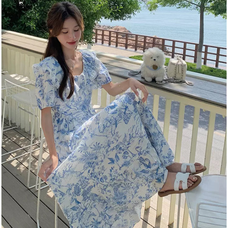 ラッフルカラーボタニカルプリントワンピ