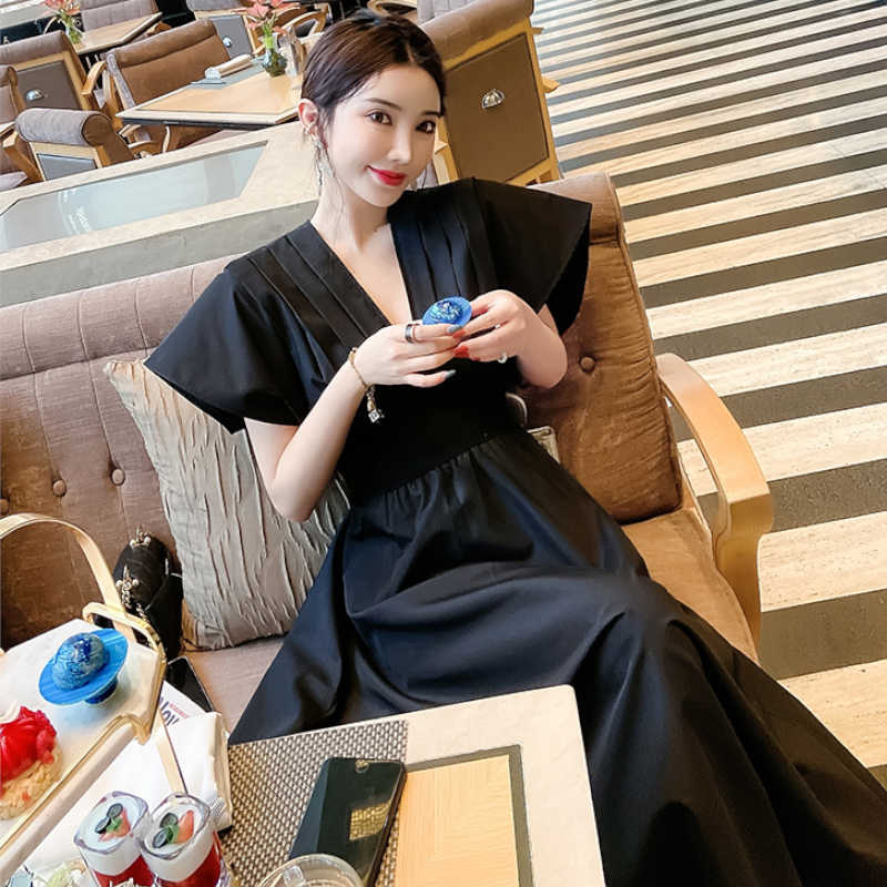 フレアスリーブフロントプリーツマキシワンピース(2colors)