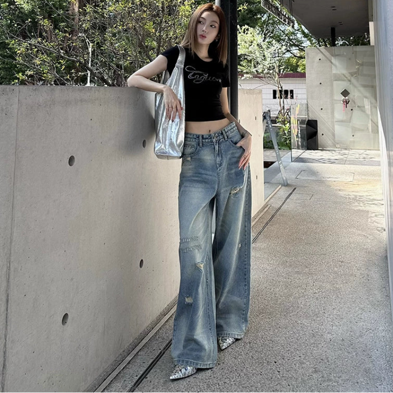 ダメージデニムストレートパンツ