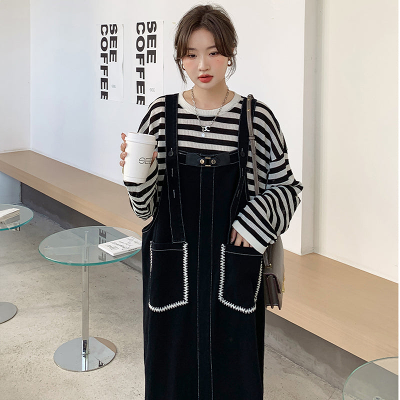 カジュアルボーダートップス×デニムサロペットワンピースセット